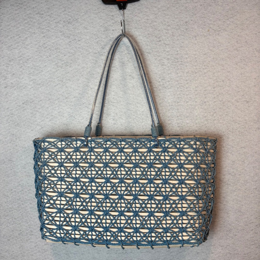 Handwoven Rattan Reed Basket Tote Blue Knotted Overlay Lined Beach Shoulder Bag
